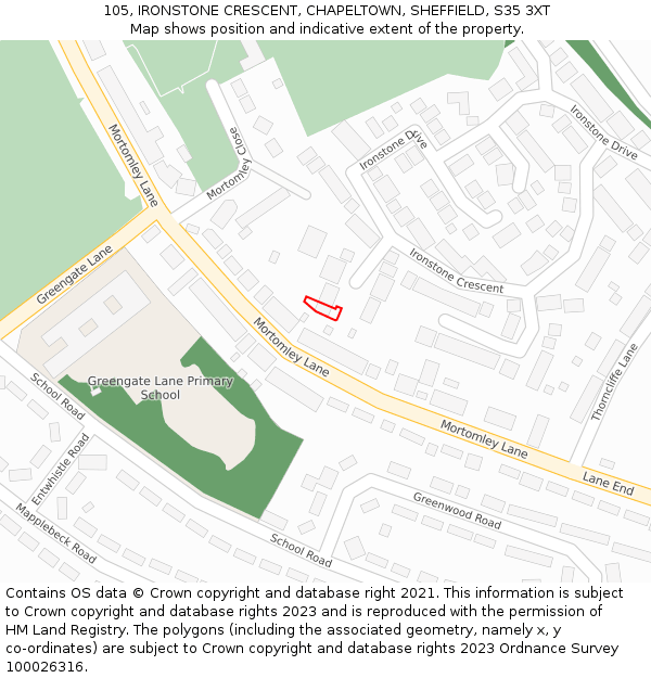 105, IRONSTONE CRESCENT, CHAPELTOWN, SHEFFIELD, S35 3XT: Location map and indicative extent of plot