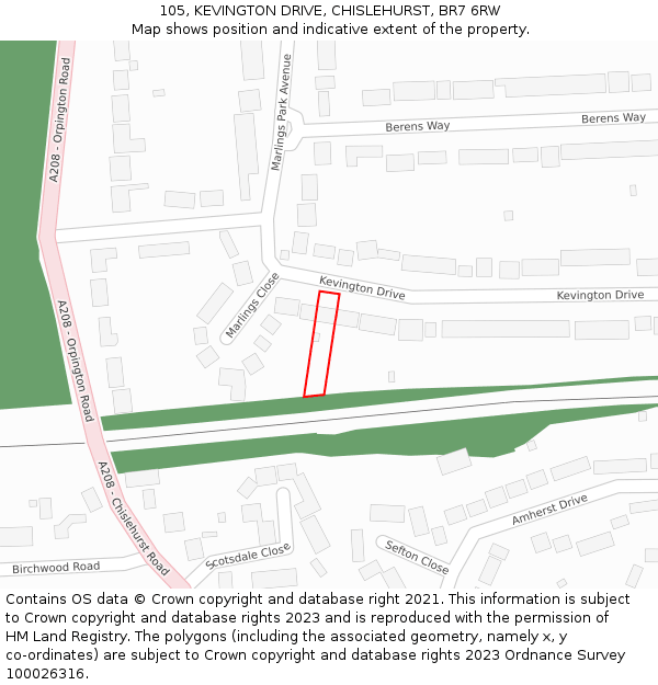105, KEVINGTON DRIVE, CHISLEHURST, BR7 6RW: Location map and indicative extent of plot