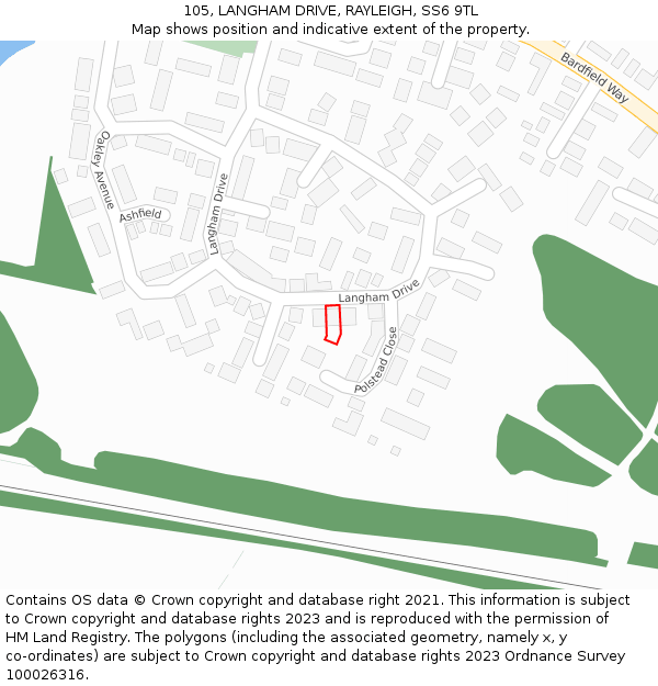 105, LANGHAM DRIVE, RAYLEIGH, SS6 9TL: Location map and indicative extent of plot