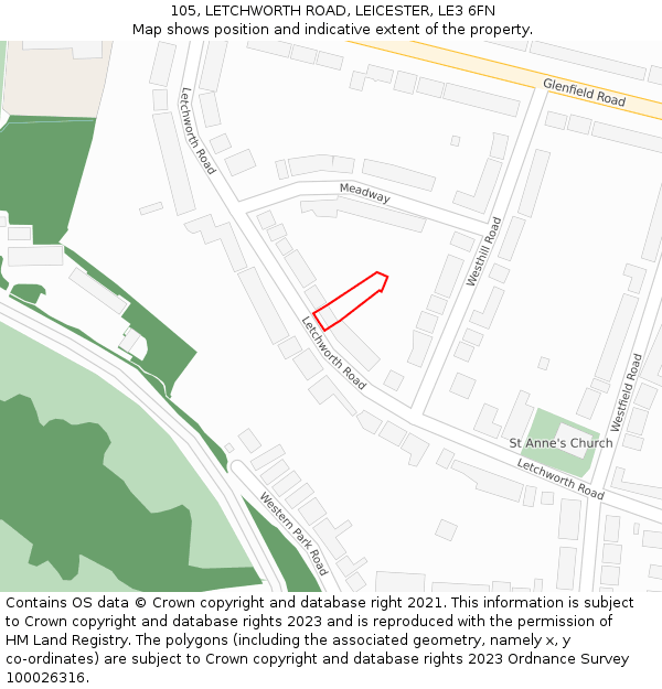 105, LETCHWORTH ROAD, LEICESTER, LE3 6FN: Location map and indicative extent of plot