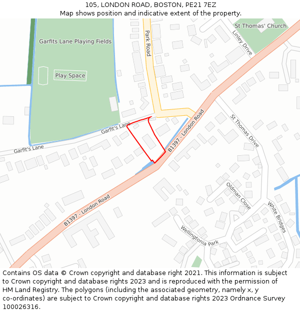 105, LONDON ROAD, BOSTON, PE21 7EZ: Location map and indicative extent of plot