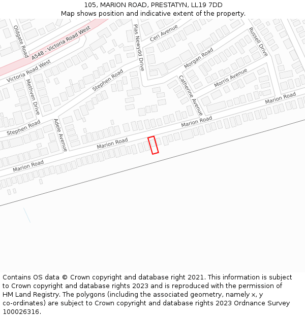 105, MARION ROAD, PRESTATYN, LL19 7DD: Location map and indicative extent of plot