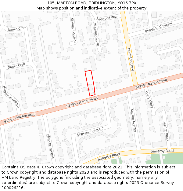 105, MARTON ROAD, BRIDLINGTON, YO16 7PX: Location map and indicative extent of plot