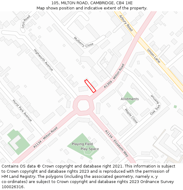 105, MILTON ROAD, CAMBRIDGE, CB4 1XE: Location map and indicative extent of plot