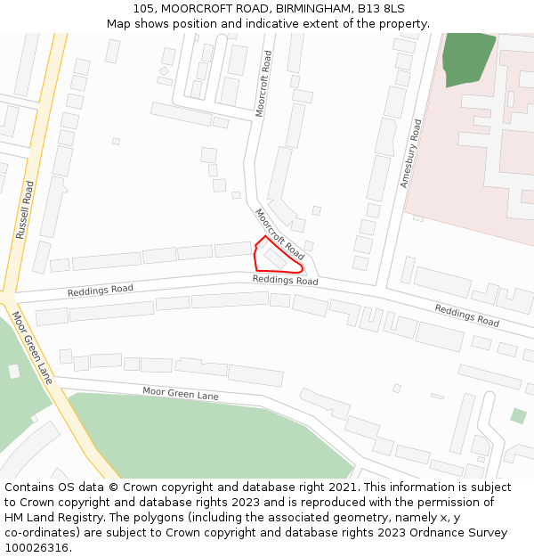105, MOORCROFT ROAD, BIRMINGHAM, B13 8LS: Location map and indicative extent of plot
