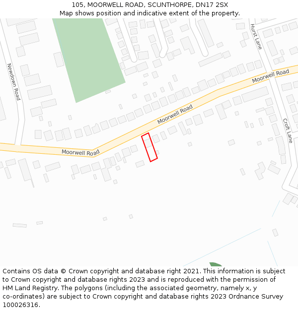 105, MOORWELL ROAD, SCUNTHORPE, DN17 2SX: Location map and indicative extent of plot