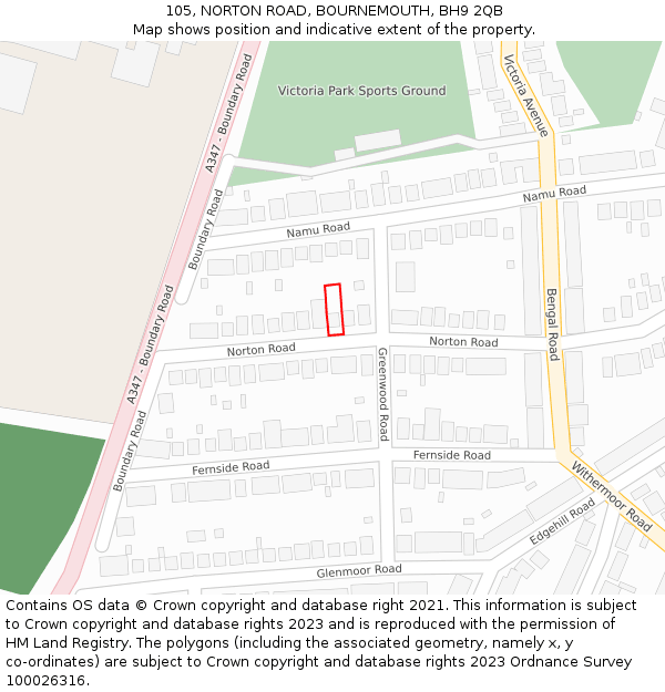 105, NORTON ROAD, BOURNEMOUTH, BH9 2QB: Location map and indicative extent of plot