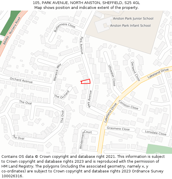 105, PARK AVENUE, NORTH ANSTON, SHEFFIELD, S25 4GL: Location map and indicative extent of plot