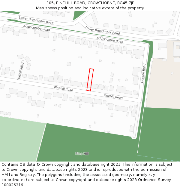 105, PINEHILL ROAD, CROWTHORNE, RG45 7JP: Location map and indicative extent of plot