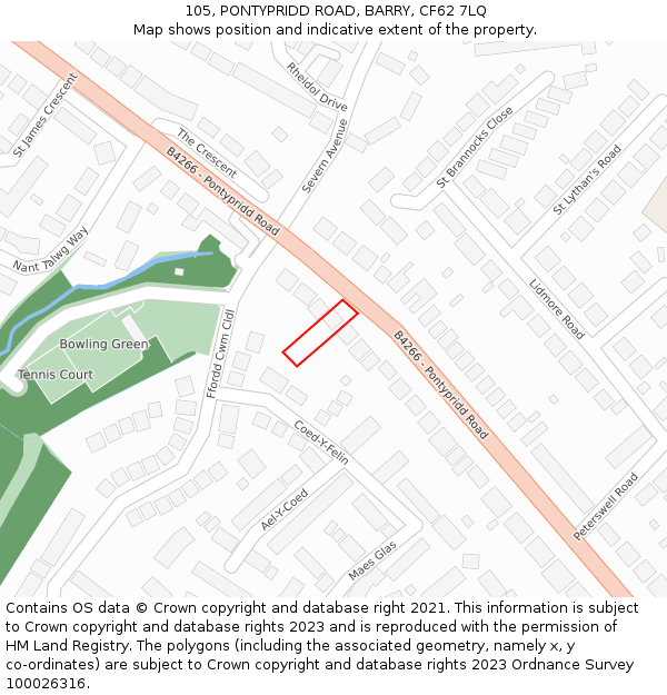 105, PONTYPRIDD ROAD, BARRY, CF62 7LQ: Location map and indicative extent of plot