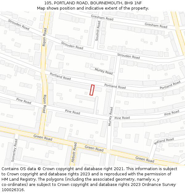 105, PORTLAND ROAD, BOURNEMOUTH, BH9 1NF: Location map and indicative extent of plot