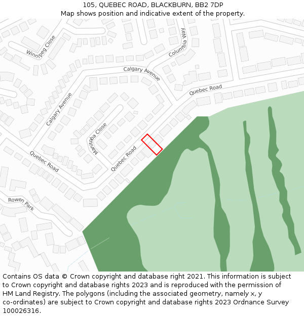 105, QUEBEC ROAD, BLACKBURN, BB2 7DP: Location map and indicative extent of plot