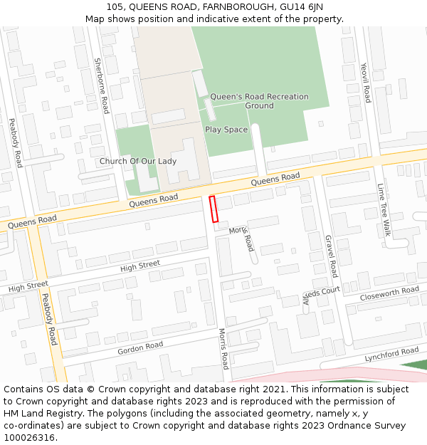 105, QUEENS ROAD, FARNBOROUGH, GU14 6JN: Location map and indicative extent of plot