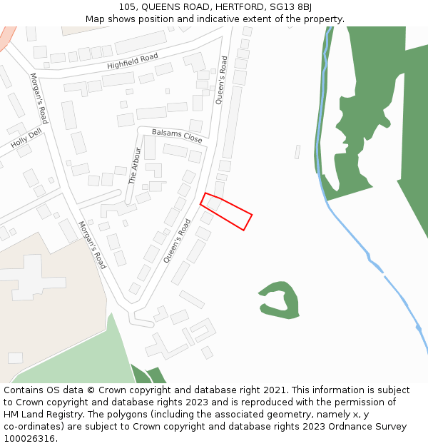 105, QUEENS ROAD, HERTFORD, SG13 8BJ: Location map and indicative extent of plot