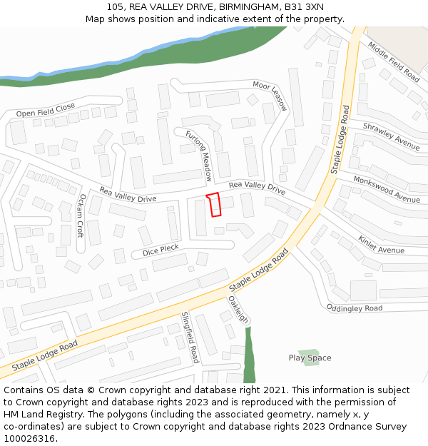 105, REA VALLEY DRIVE, BIRMINGHAM, B31 3XN: Location map and indicative extent of plot