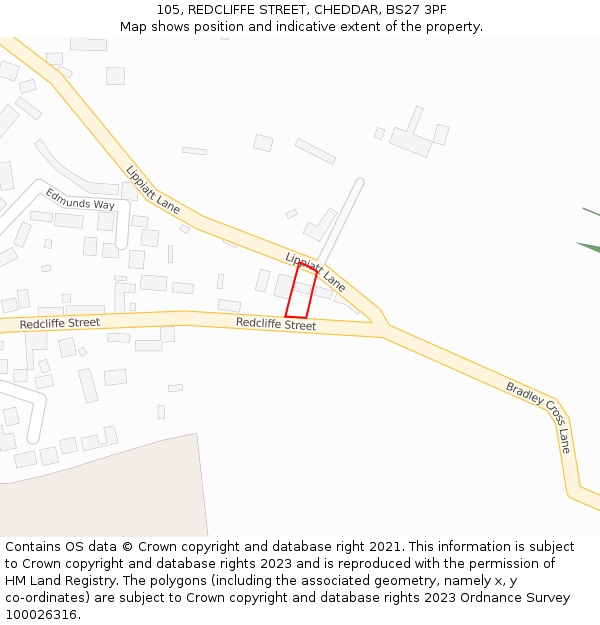 105, REDCLIFFE STREET, CHEDDAR, BS27 3PF: Location map and indicative extent of plot