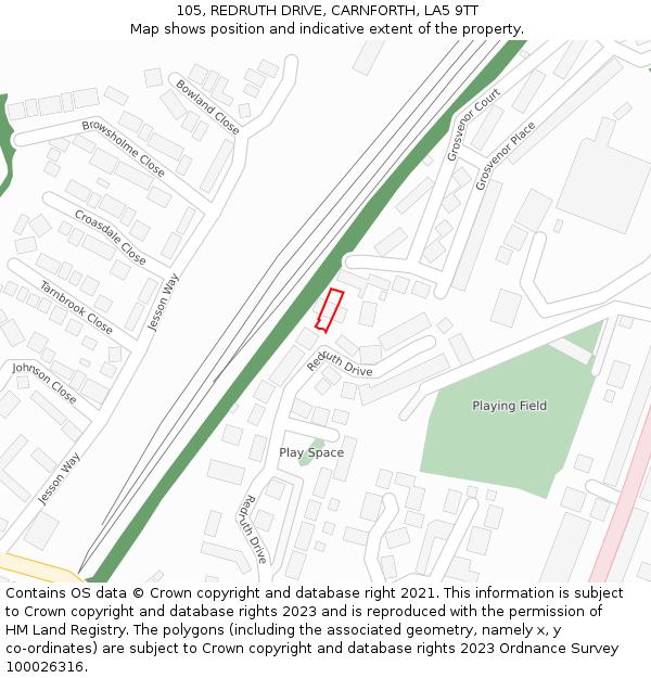 105, REDRUTH DRIVE, CARNFORTH, LA5 9TT: Location map and indicative extent of plot