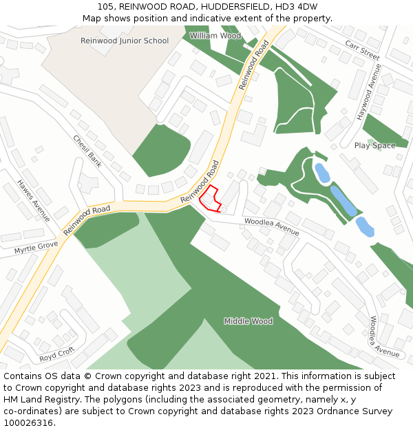 105, REINWOOD ROAD, HUDDERSFIELD, HD3 4DW: Location map and indicative extent of plot