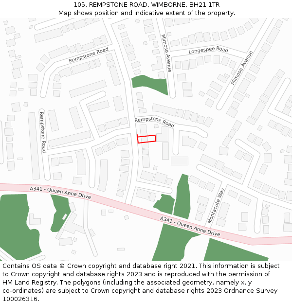 105, REMPSTONE ROAD, WIMBORNE, BH21 1TR: Location map and indicative extent of plot