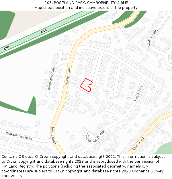 105, ROSELAND PARK, CAMBORNE, TR14 8NB: Location map and indicative extent of plot