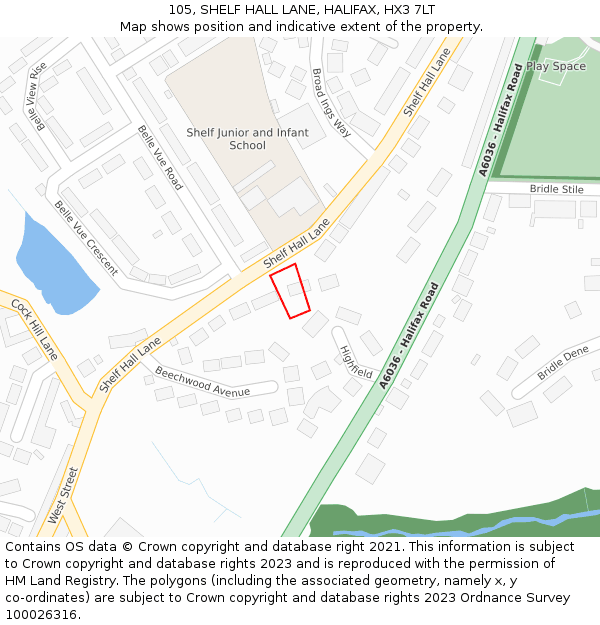 105, SHELF HALL LANE, HALIFAX, HX3 7LT: Location map and indicative extent of plot