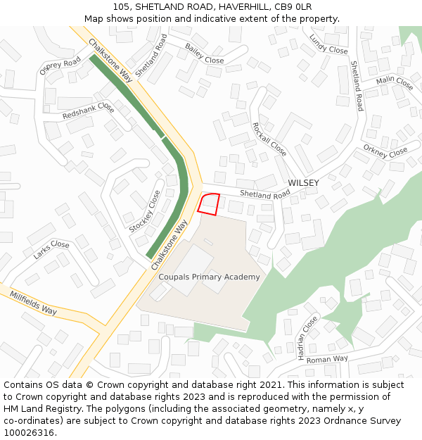 105, SHETLAND ROAD, HAVERHILL, CB9 0LR: Location map and indicative extent of plot