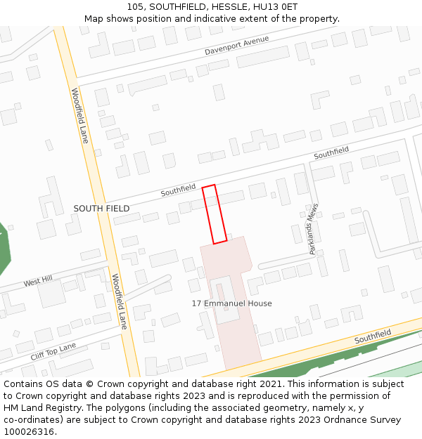 105, SOUTHFIELD, HESSLE, HU13 0ET: Location map and indicative extent of plot