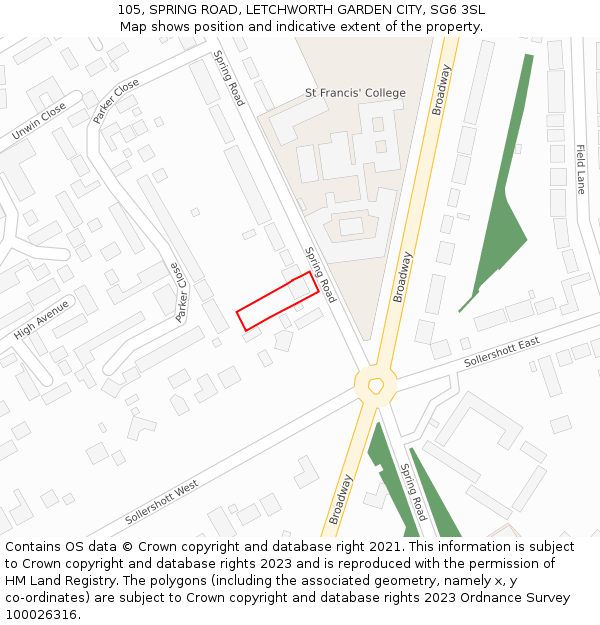 105, SPRING ROAD, LETCHWORTH GARDEN CITY, SG6 3SL: Location map and indicative extent of plot