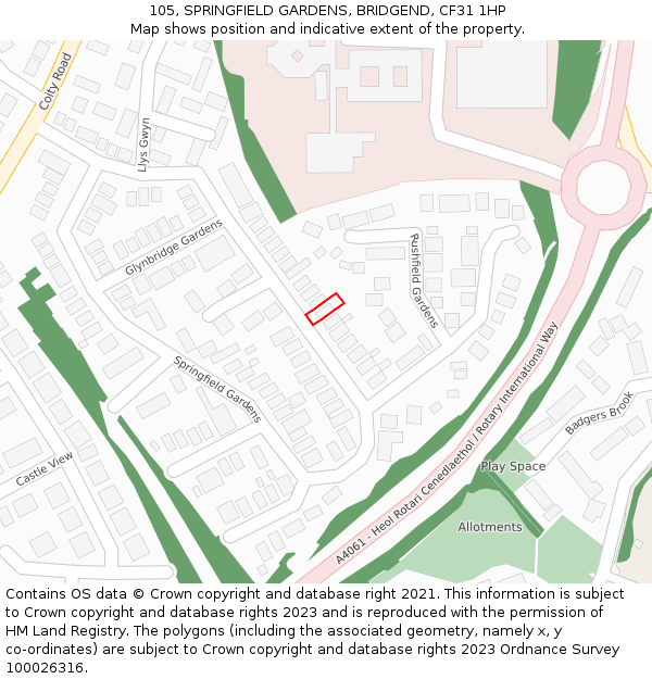 105, SPRINGFIELD GARDENS, BRIDGEND, CF31 1HP: Location map and indicative extent of plot