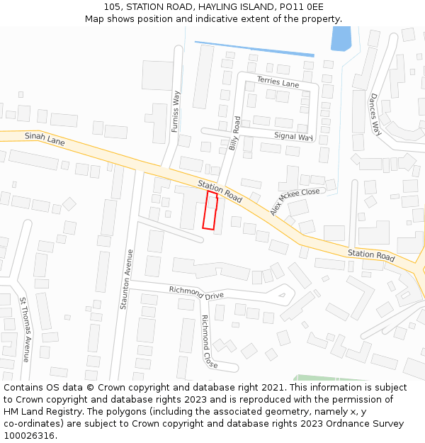 105, STATION ROAD, HAYLING ISLAND, PO11 0EE: Location map and indicative extent of plot