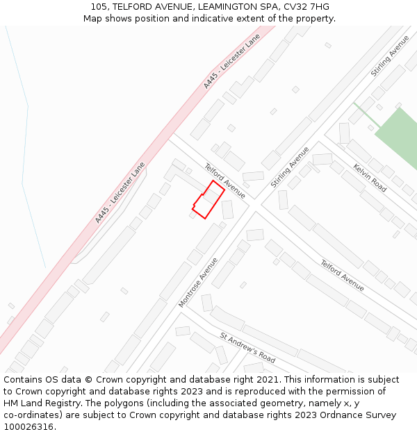 105, TELFORD AVENUE, LEAMINGTON SPA, CV32 7HG: Location map and indicative extent of plot