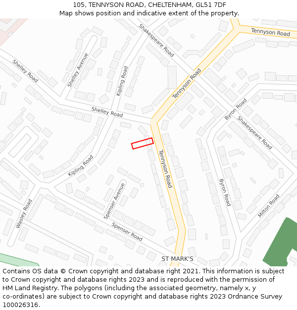 105, TENNYSON ROAD, CHELTENHAM, GL51 7DF: Location map and indicative extent of plot