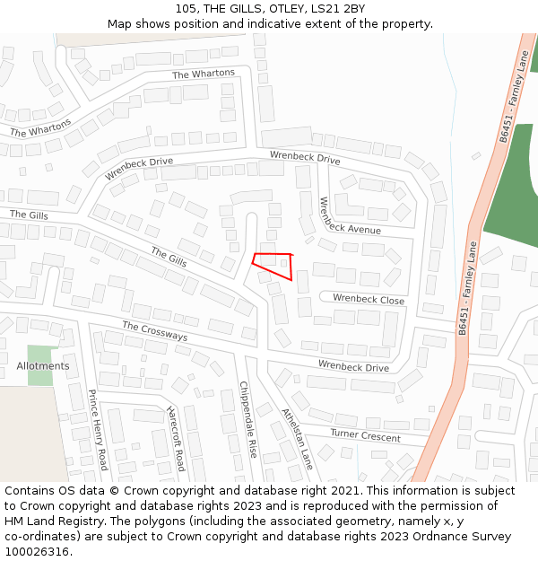 105, THE GILLS, OTLEY, LS21 2BY: Location map and indicative extent of plot