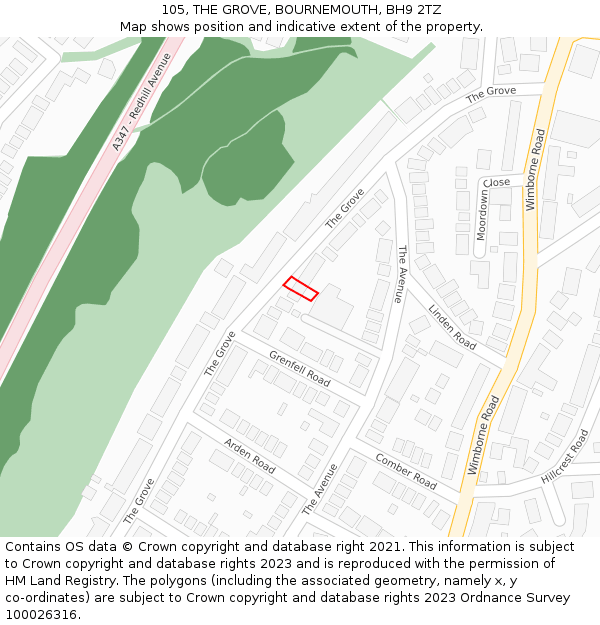 105, THE GROVE, BOURNEMOUTH, BH9 2TZ: Location map and indicative extent of plot