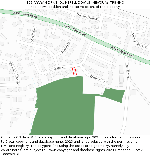 105, VYVYAN DRIVE, QUINTRELL DOWNS, NEWQUAY, TR8 4NQ: Location map and indicative extent of plot