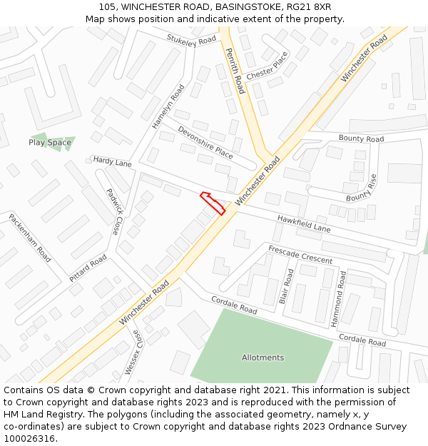 105, WINCHESTER ROAD, BASINGSTOKE, RG21 8XR: Location map and indicative extent of plot