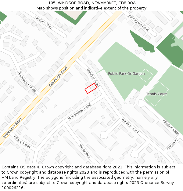 105, WINDSOR ROAD, NEWMARKET, CB8 0QA: Location map and indicative extent of plot