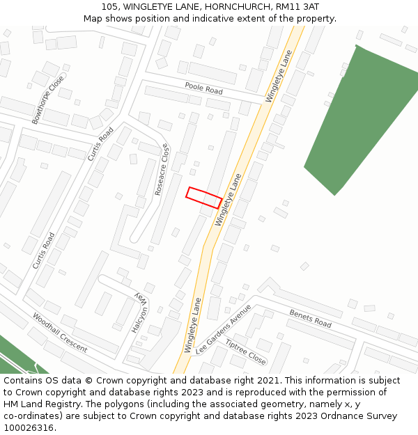 105, WINGLETYE LANE, HORNCHURCH, RM11 3AT: Location map and indicative extent of plot