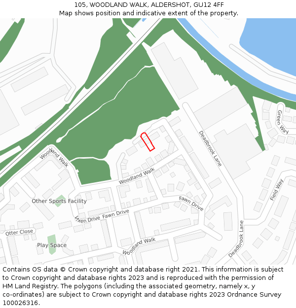 105, WOODLAND WALK, ALDERSHOT, GU12 4FF: Location map and indicative extent of plot
