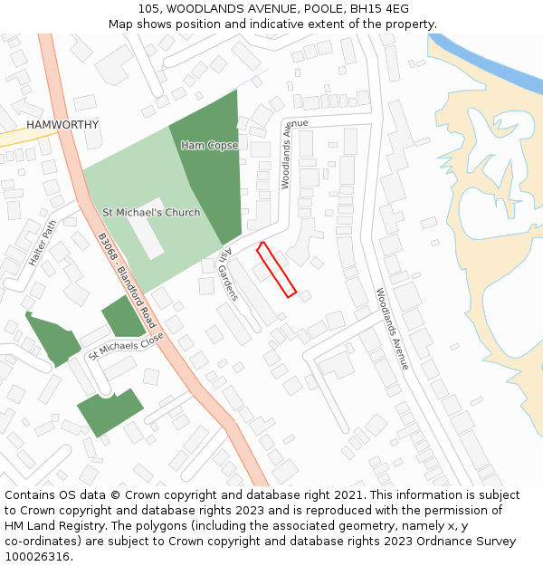 105, WOODLANDS AVENUE, POOLE, BH15 4EG: Location map and indicative extent of plot