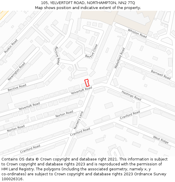 105, YELVERTOFT ROAD, NORTHAMPTON, NN2 7TQ: Location map and indicative extent of plot
