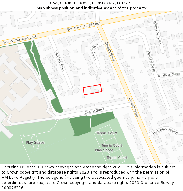 105A, CHURCH ROAD, FERNDOWN, BH22 9ET: Location map and indicative extent of plot