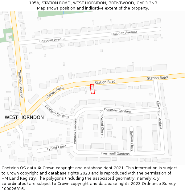 105A, STATION ROAD, WEST HORNDON, BRENTWOOD, CM13 3NB: Location map and indicative extent of plot