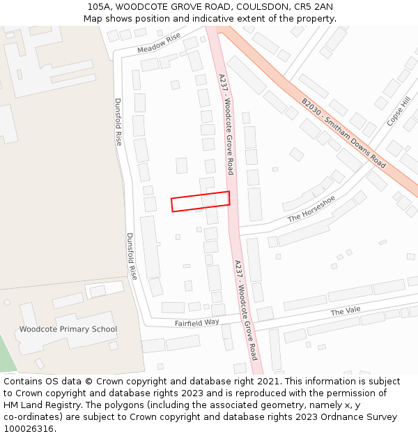 105A, WOODCOTE GROVE ROAD, COULSDON, CR5 2AN: Location map and indicative extent of plot