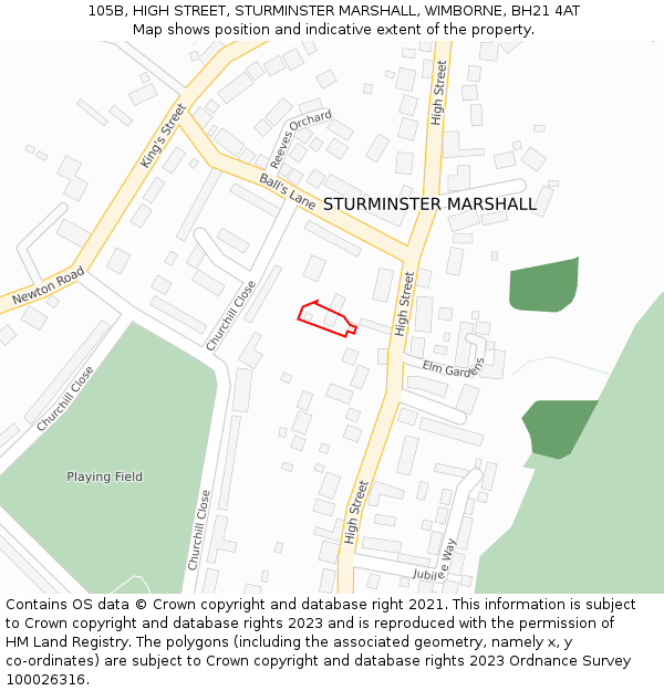 105B, HIGH STREET, STURMINSTER MARSHALL, WIMBORNE, BH21 4AT: Location map and indicative extent of plot
