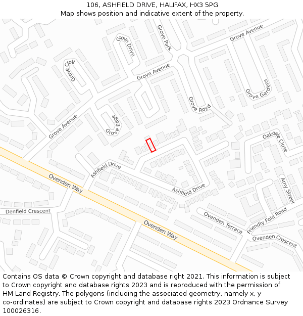 106, ASHFIELD DRIVE, HALIFAX, HX3 5PG: Location map and indicative extent of plot