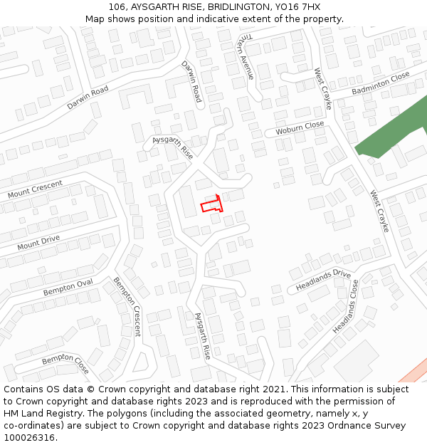 106, AYSGARTH RISE, BRIDLINGTON, YO16 7HX: Location map and indicative extent of plot