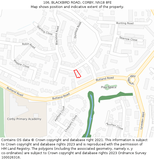 106, BLACKBIRD ROAD, CORBY, NN18 8FE: Location map and indicative extent of plot