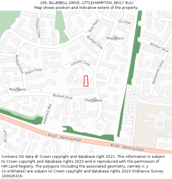 106, BLUEBELL DRIVE, LITTLEHAMPTON, BN17 6UU: Location map and indicative extent of plot