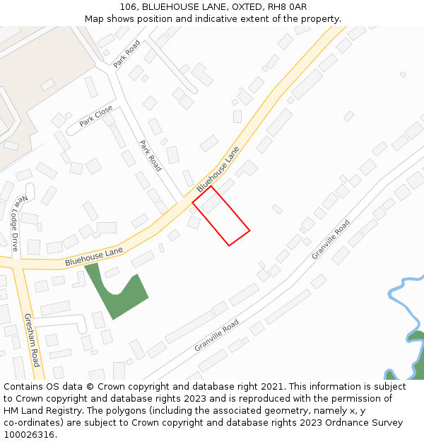 106, BLUEHOUSE LANE, OXTED, RH8 0AR: Location map and indicative extent of plot